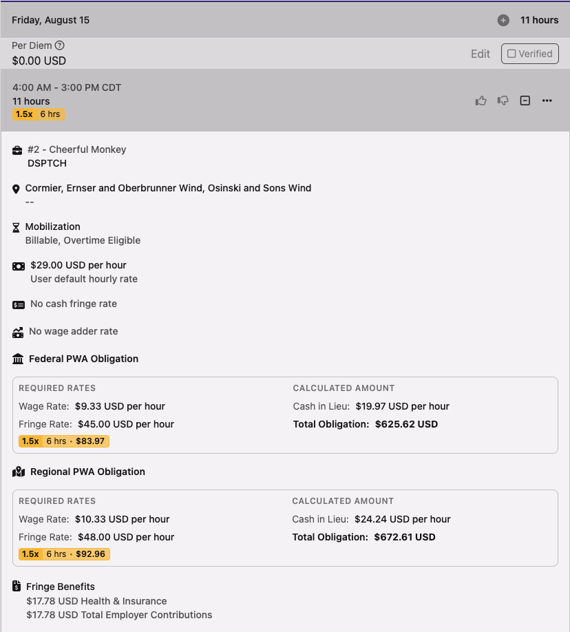 Time entry detail panel showing Federal PWA Obligation and Regional PWA Obligation sections with required rates and calculated amounts, and a Fringe Benefits section at the bottom listing Health &amp; Insurance and Total Employer Contributions amounts