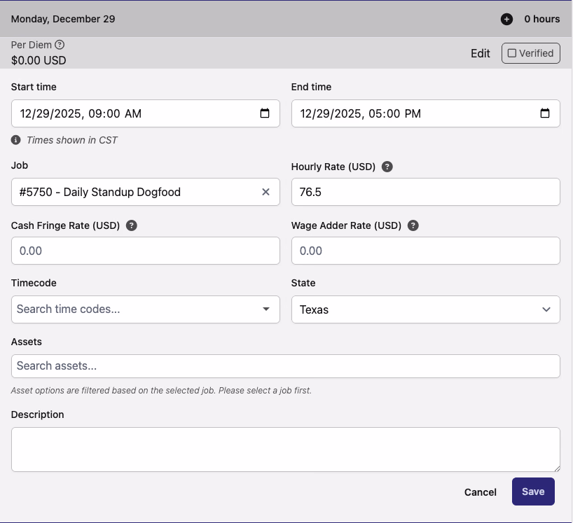 Create New Time Entry form showing start time, end time, job, hourly rate, timecode, state, and description fields