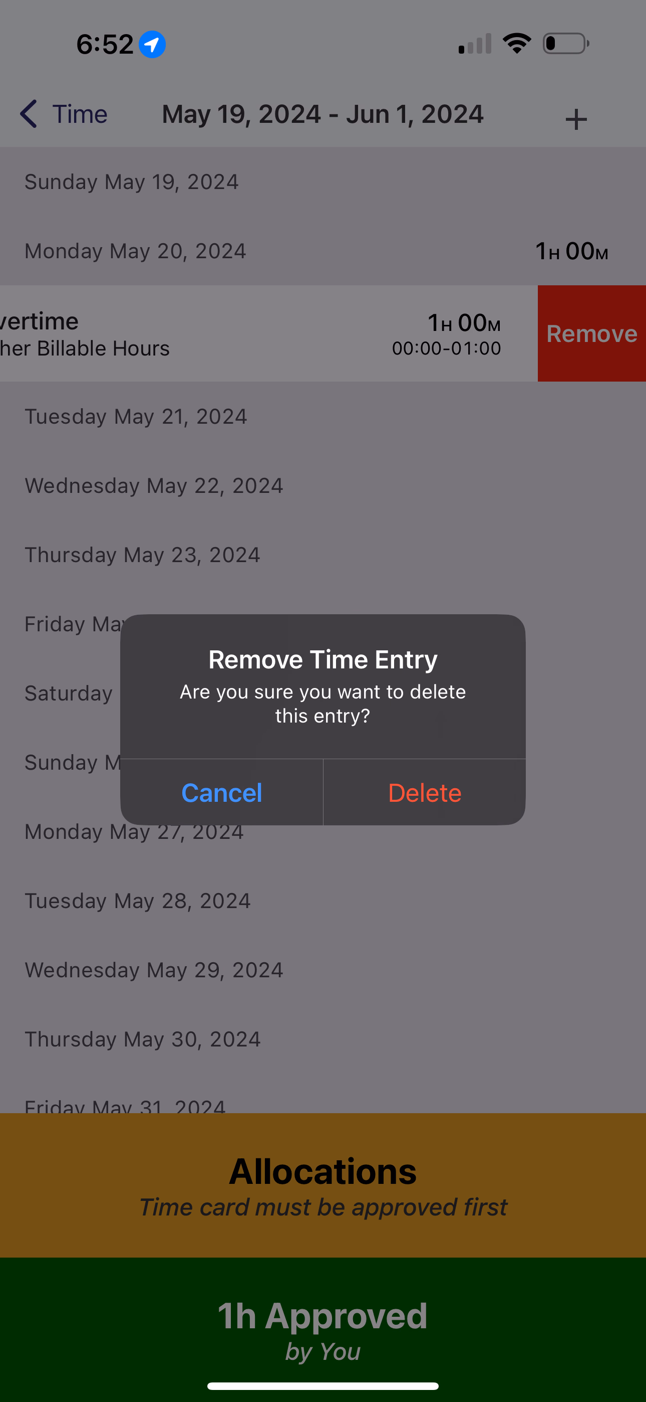 Remove Time Entry confirmation dialog with Cancel and Delete buttons over swiped entry