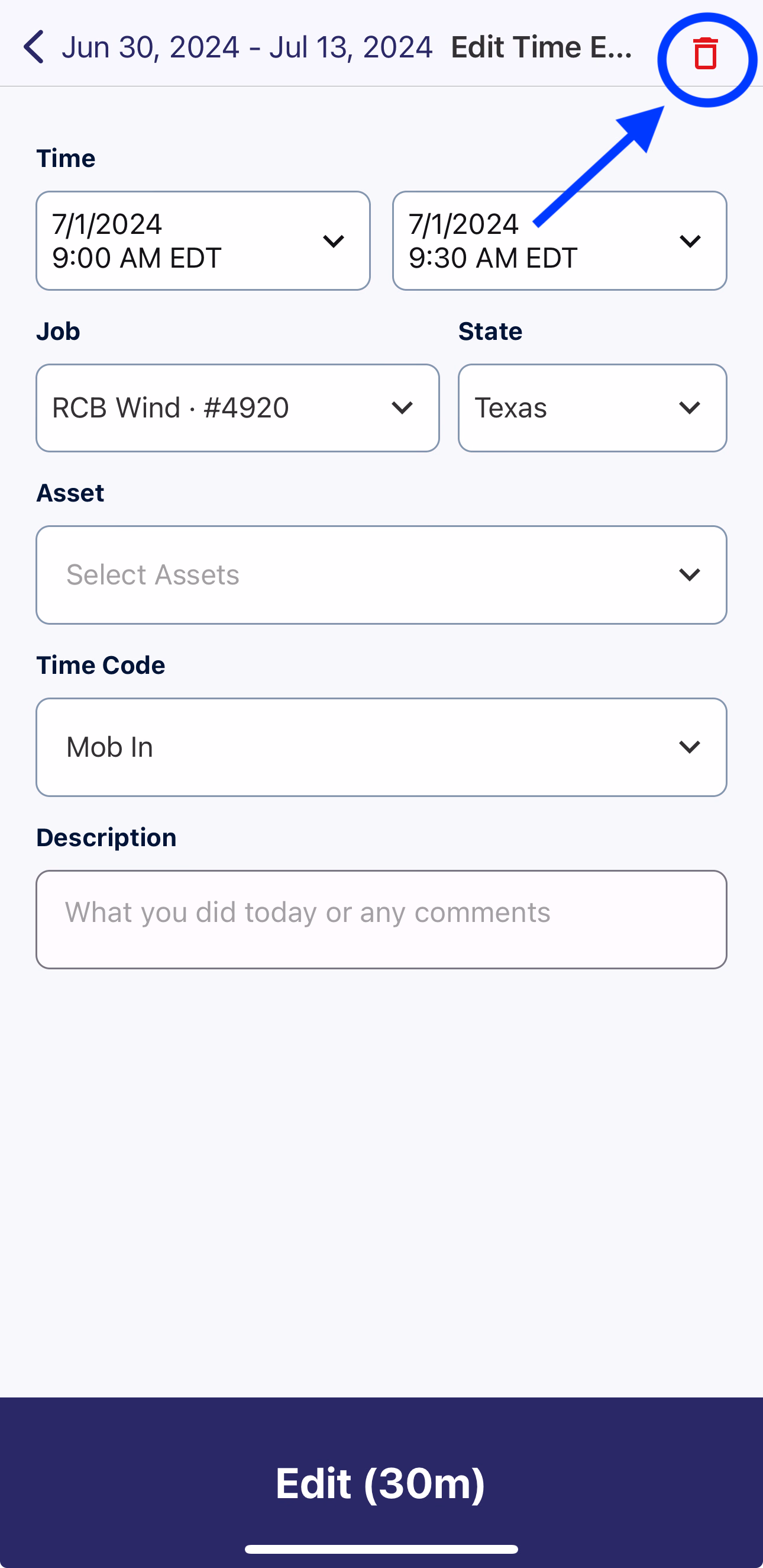 Edit Time Entry form with trash can delete icon highlighted in top right corner