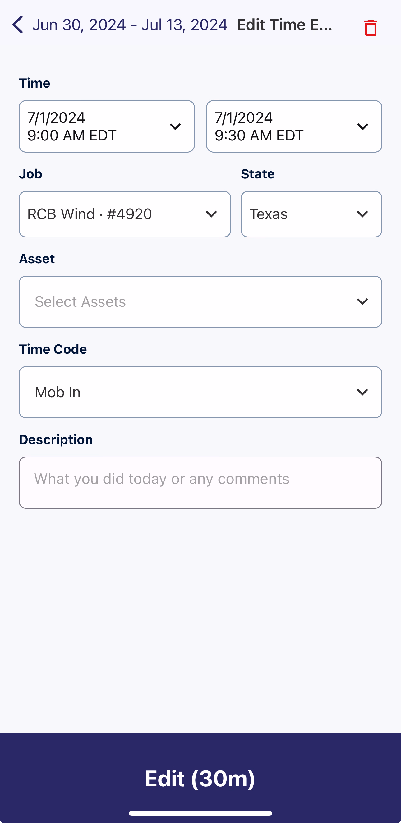 Edit Time Entry form showing job, state, time code, and description fields