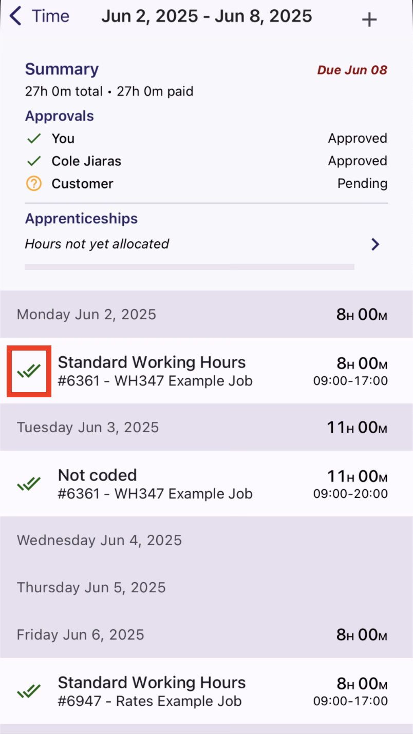 DSPTCH Mobile time card showing Approvals section with double-check icon indicating Job Manager approval on a time entry