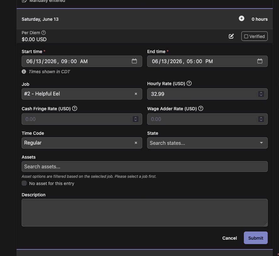A time-entry form showing the Assets picker with a No asset for this entry checkbox below it