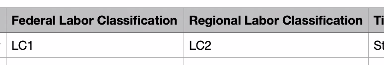 A time export showing Federal Labor Classification and Regional Labor Classification columns