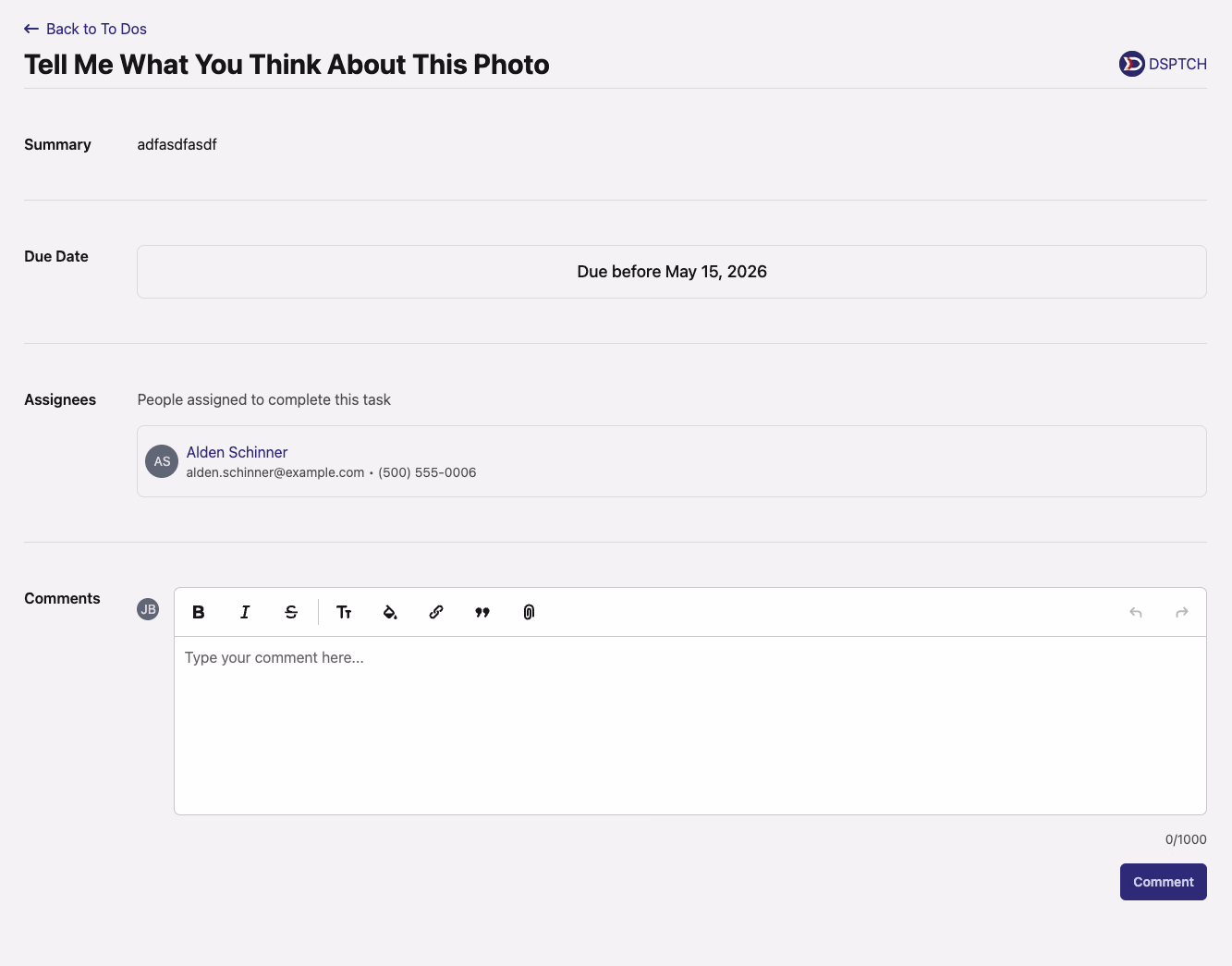 Assignees section on a Company Todo detail page