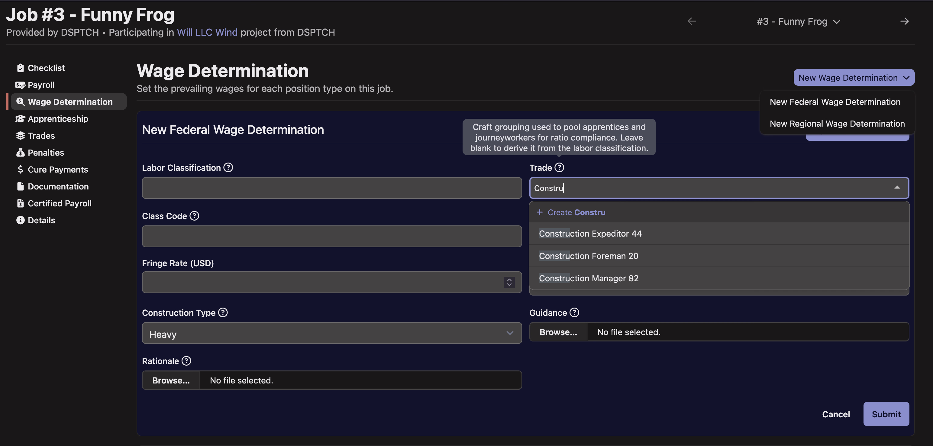 The New Wage Determination form on a job with the Trade selector open — showing options to create a new craft or pick an existing one — and a tooltip noting the craft is used to pool apprentices and journeyworkers for ratio compliance