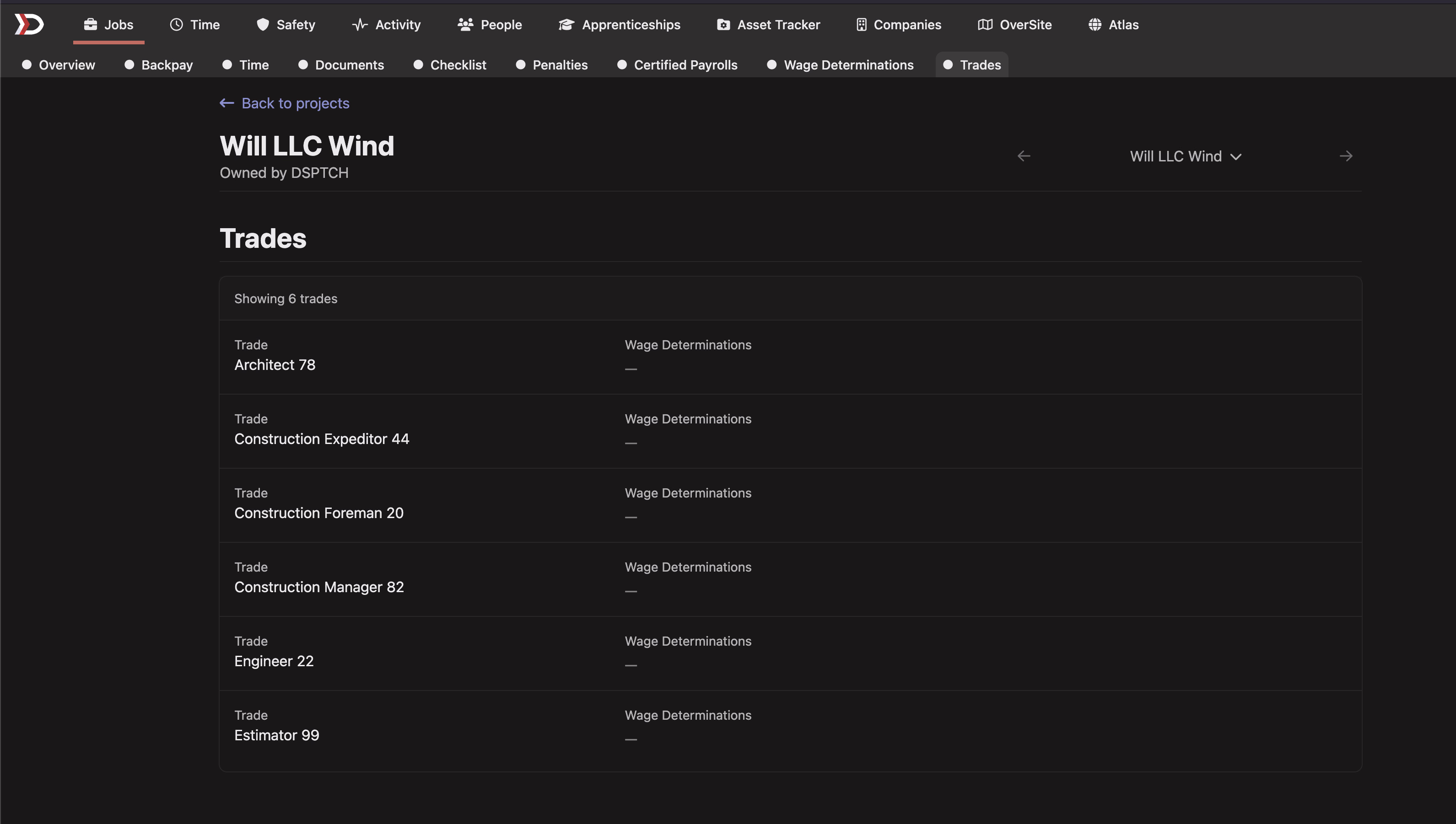 The Trades tab of a project's prevailing-wage section, listing craft groupings like Architect and Construction Foreman, each with a column for its wage determinations