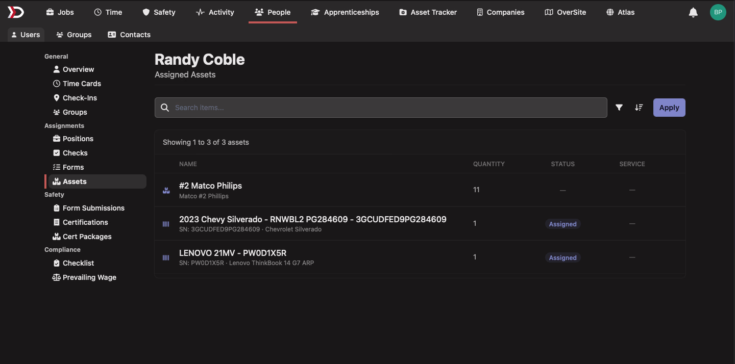 A person’s Assets tab listing assigned items with quantity and status