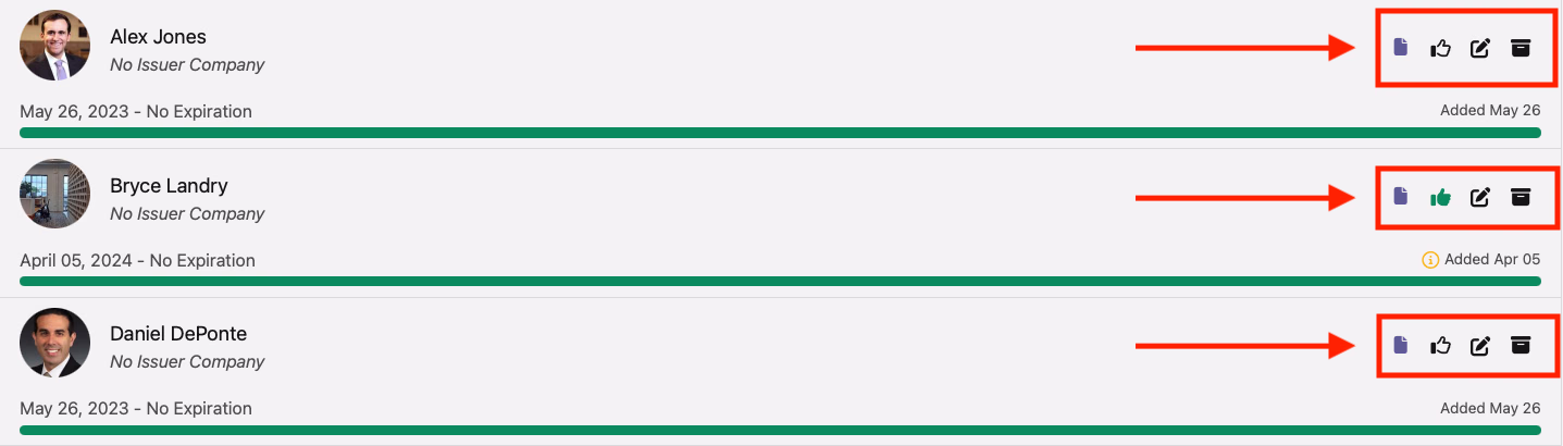 User certification rows with action icons highlighted: view, approve, edit, and archive