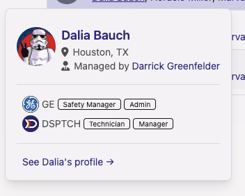 User hovercard for Dalia Bauch showing location, manager, and roles across two companies