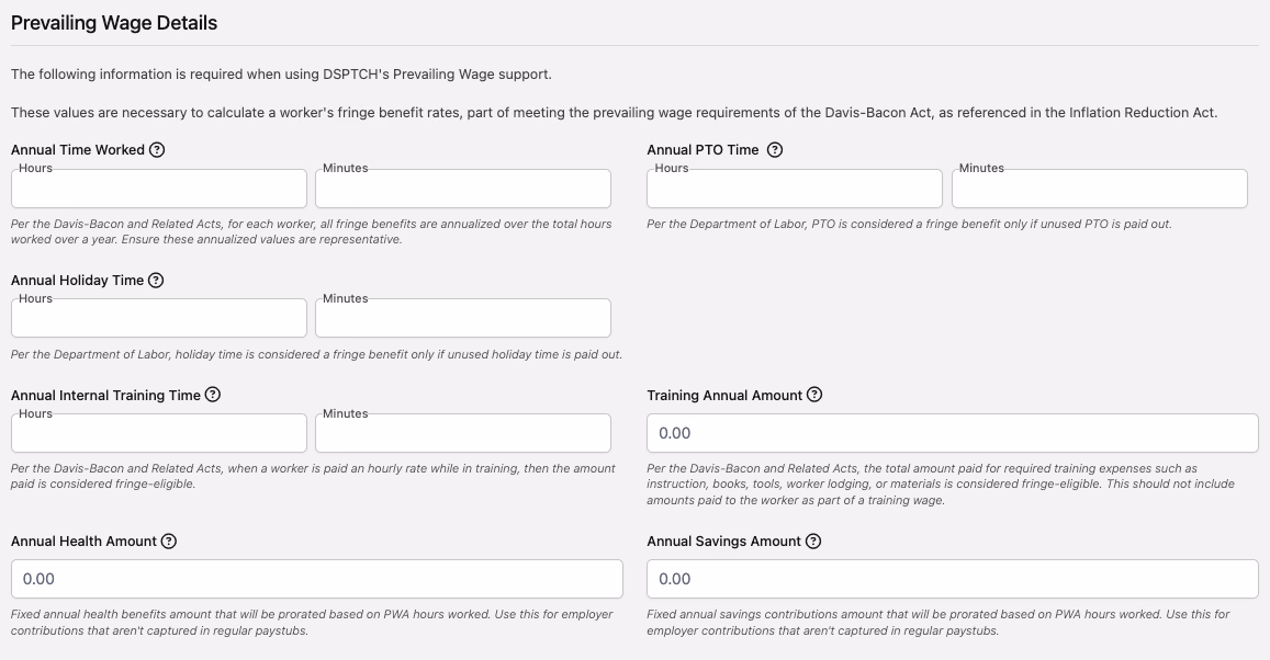 Prevailing Wage Details section of the New User form with annualized hours and benefit amount fields