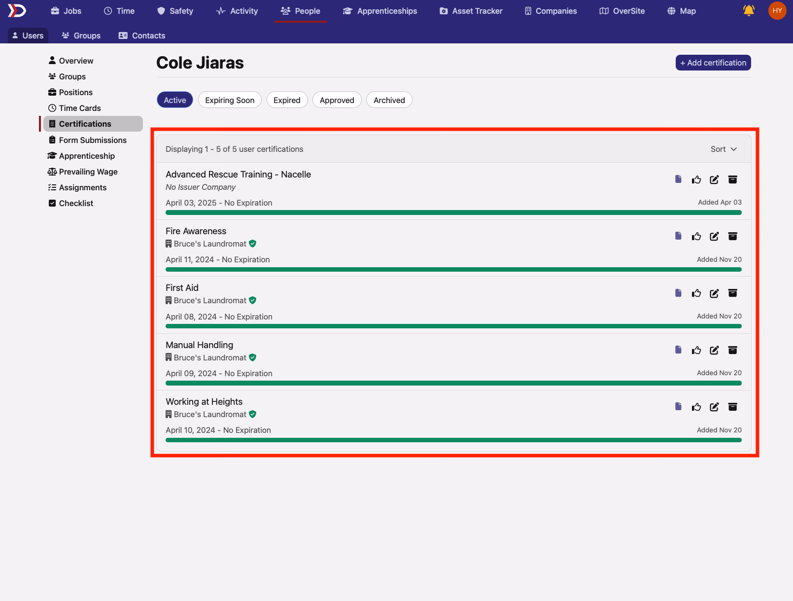 User profile Certifications tab showing the active certifications list highlighted in red