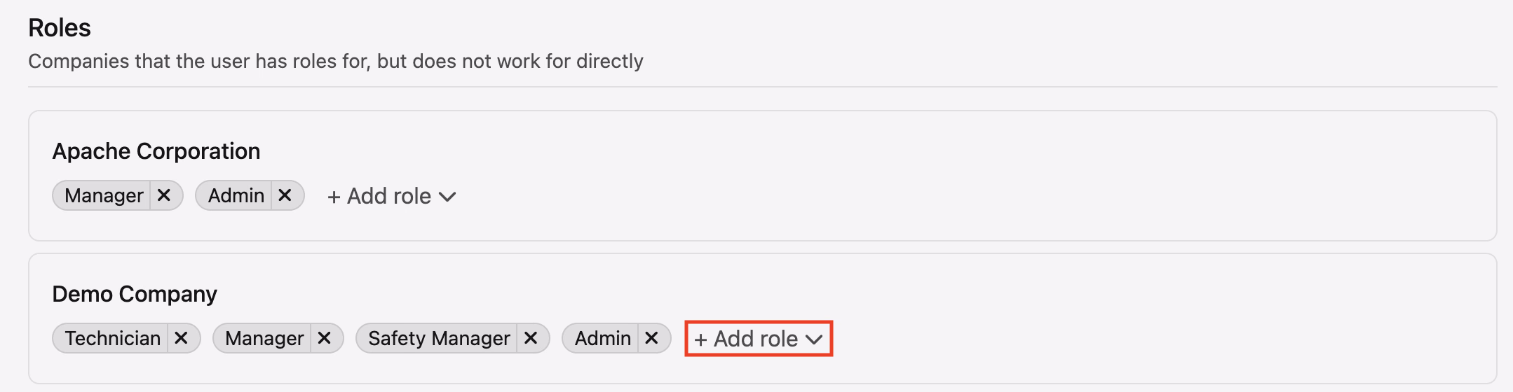 Roles section of user profile showing existing roles with the Add Role button highlighted