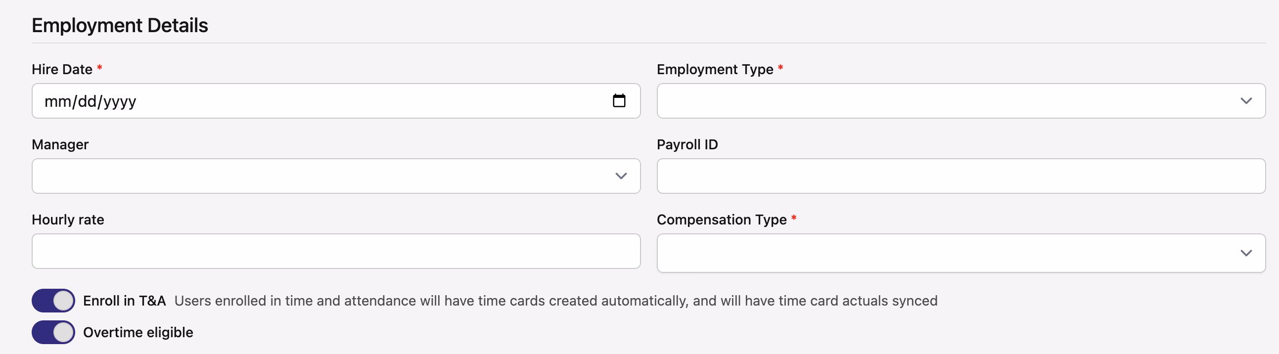 Employment Details section of new user form showing hire date, employment type, and time tracking toggles