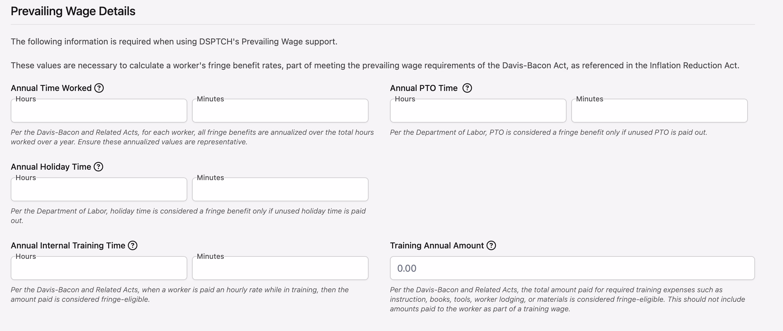Prevailing Wage Details section showing annual time worked, PTO, holiday, and training fields