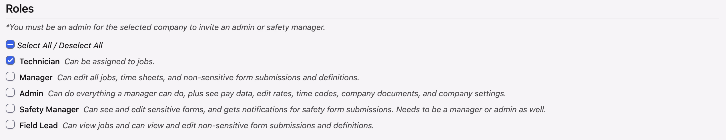 Roles section showing Technician, Manager, Admin, Safety Manager, and Field Lead role options