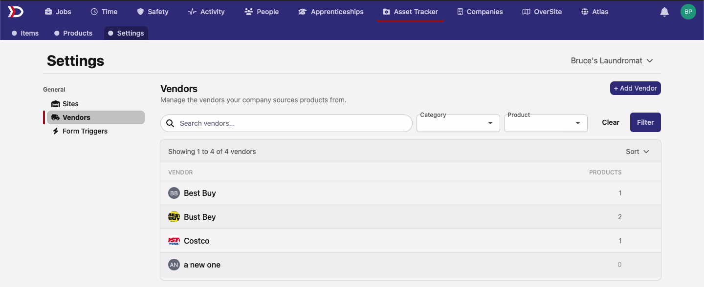 Vendor detail page with logo and associated products