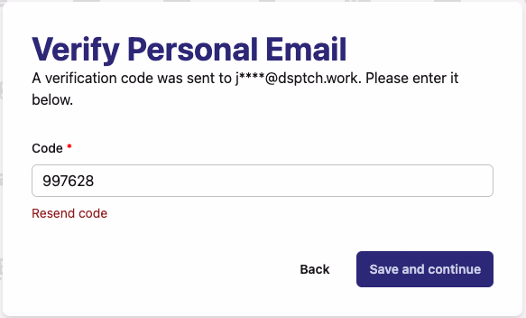 Verify Personal Email page with the verification code entry field