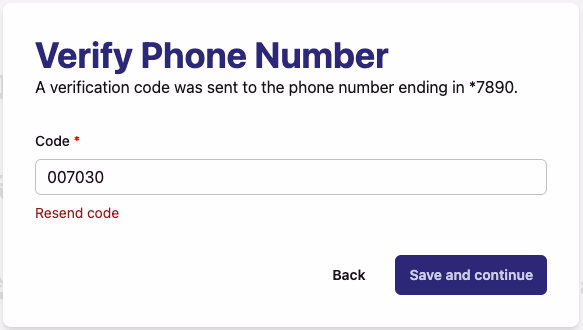 Verify Phone Number page with the verification code entry field