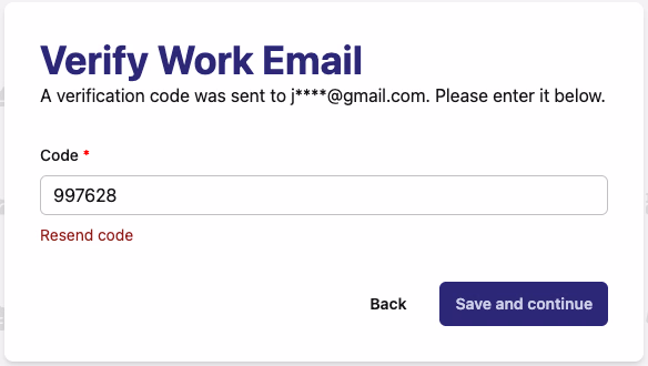 Verify Work Email page with the verification code entry field