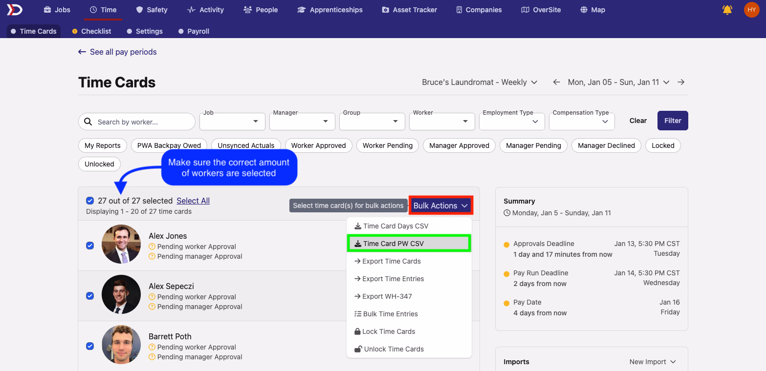 Time Cards bulk actions menu with Time Card PW CSV option highlighted for PWA payroll export