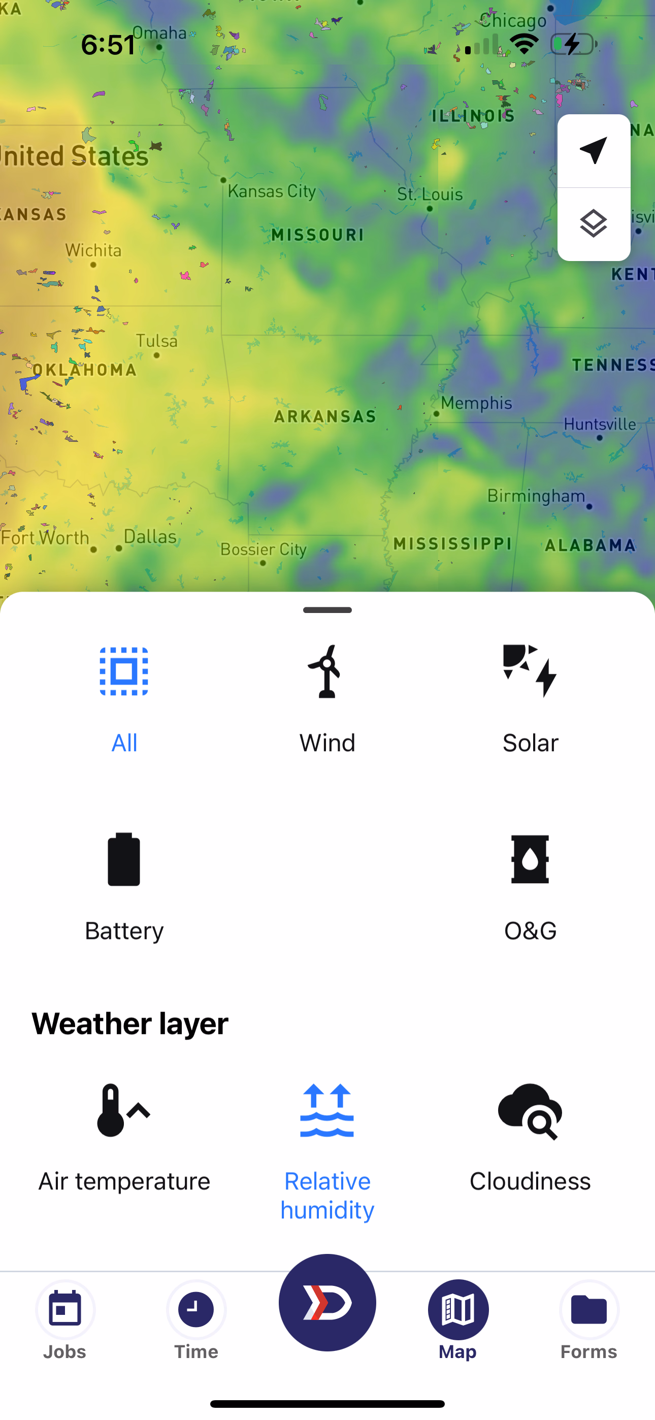Relative Humidity weather layer with blue indicating the wettest and red the driest regions