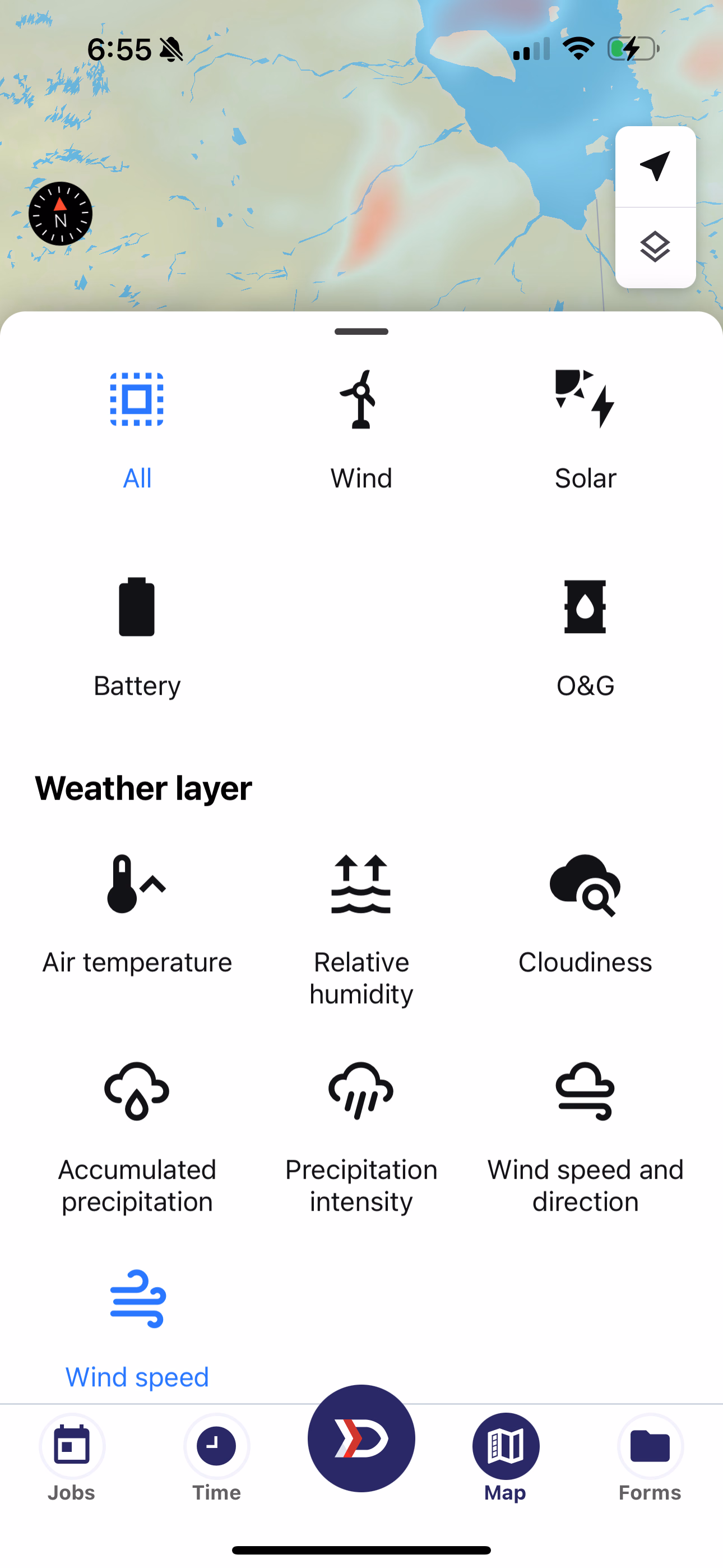 Wind Speed weather layer with red indicating wind speeds over 15 meters per second