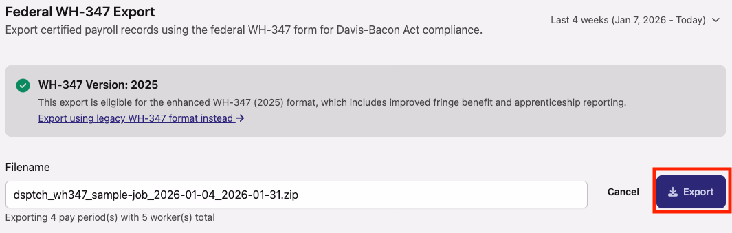Federal WH-347 Export page with the Export button highlighted