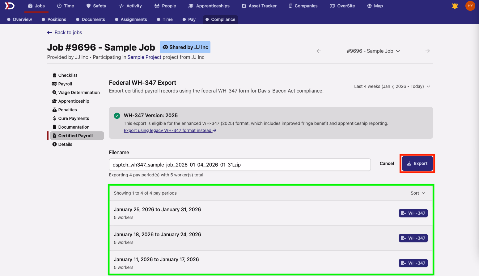 Federal WH-347 Export page showing time period selector and list of included pay periods