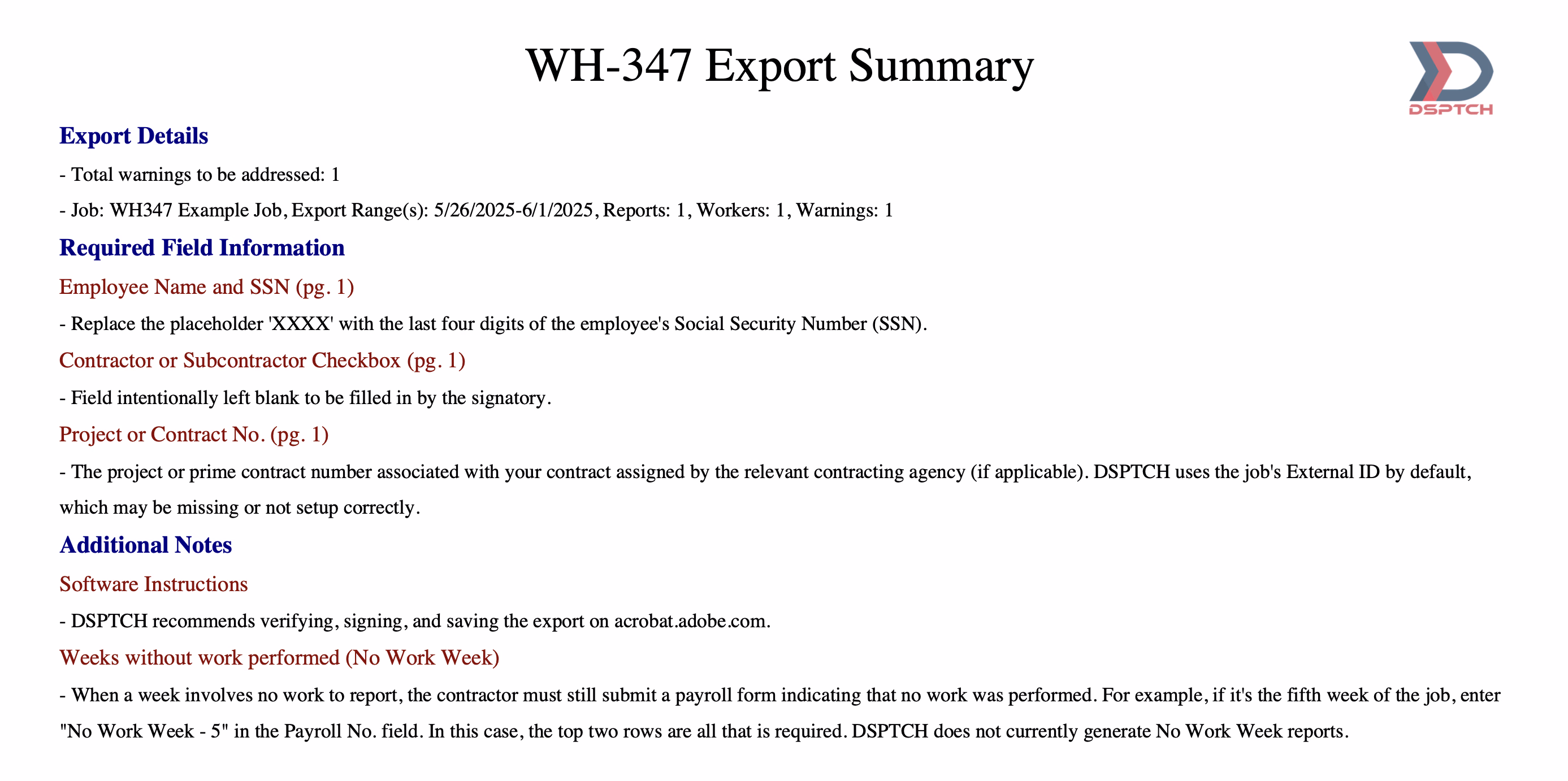 WH-347 export summary with export details, required fields, and additional notes