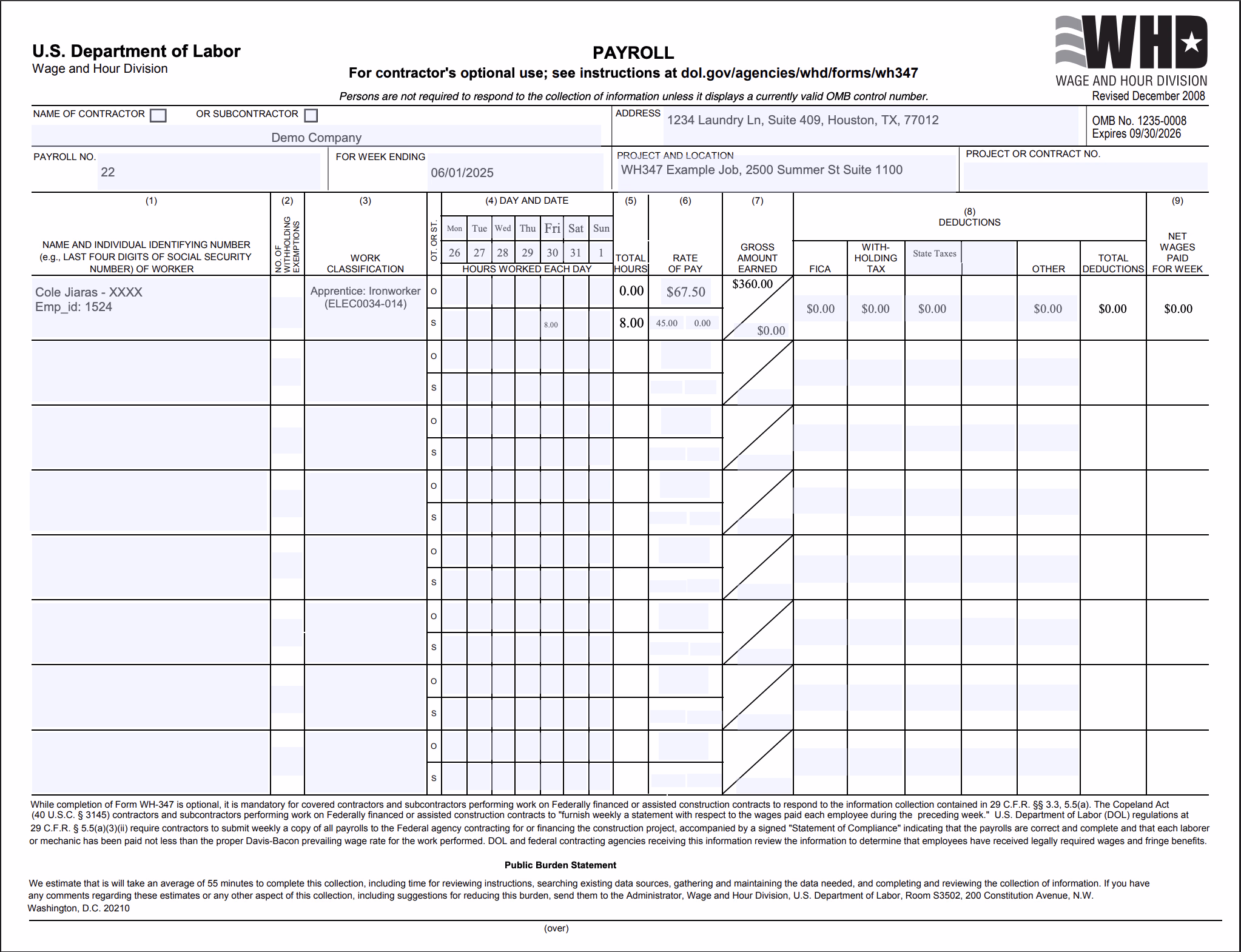 Legacy WH-347 certified payroll PDF showing worker hours and deductions fields