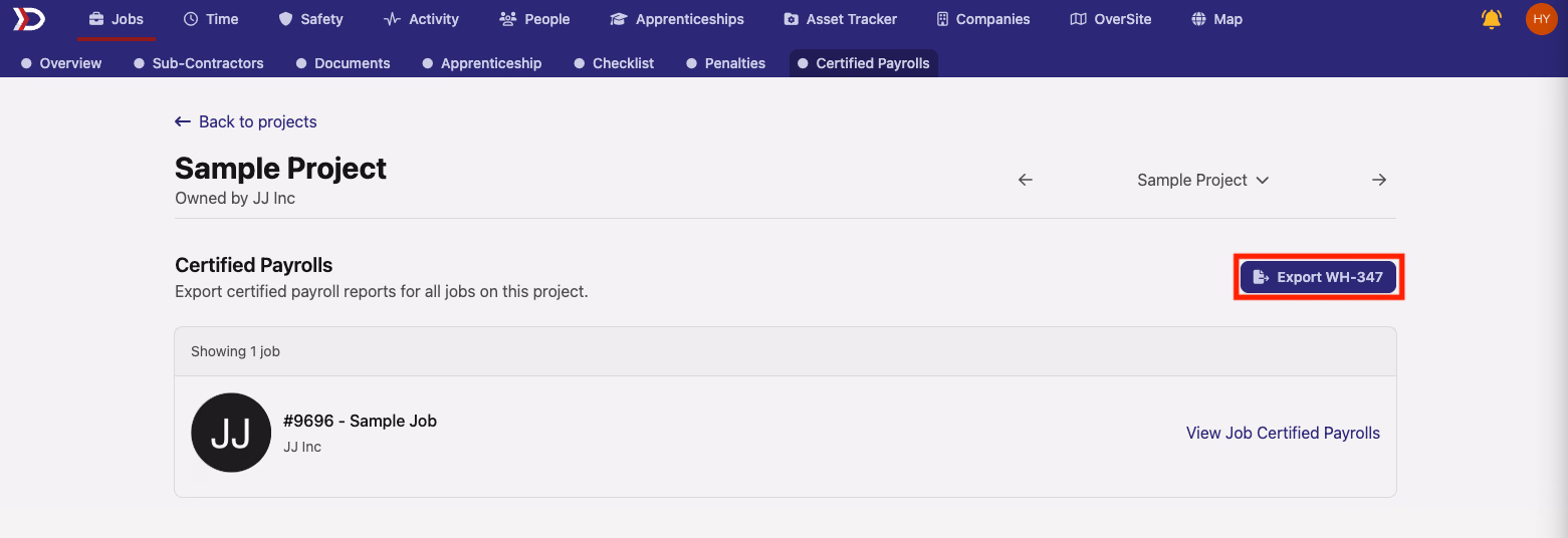 Project Certified Payrolls tab with the Export WH-347 button highlighted