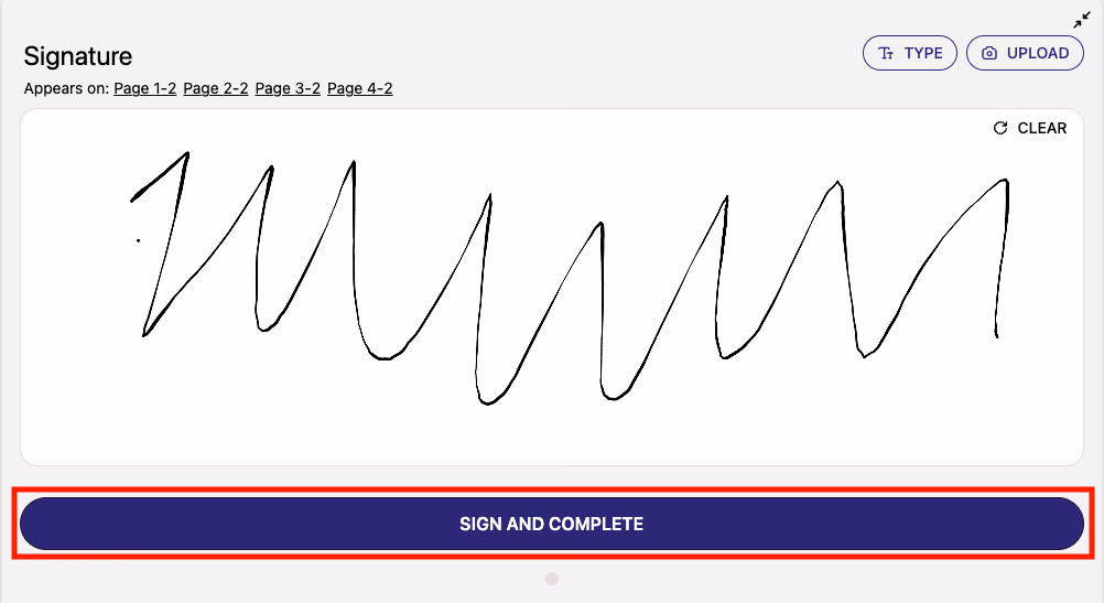 Signature window showing drawn signature with Sign and Complete button highlighted