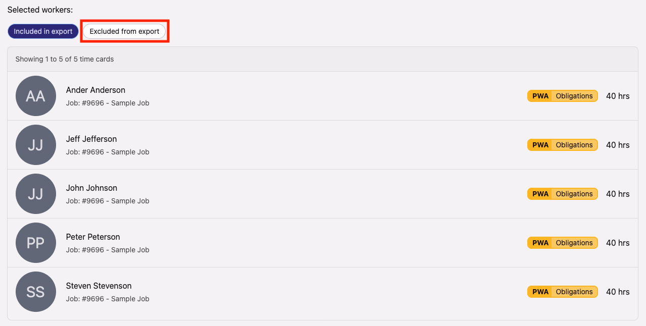 Selected workers section showing Included in export and Excluded from export tabs