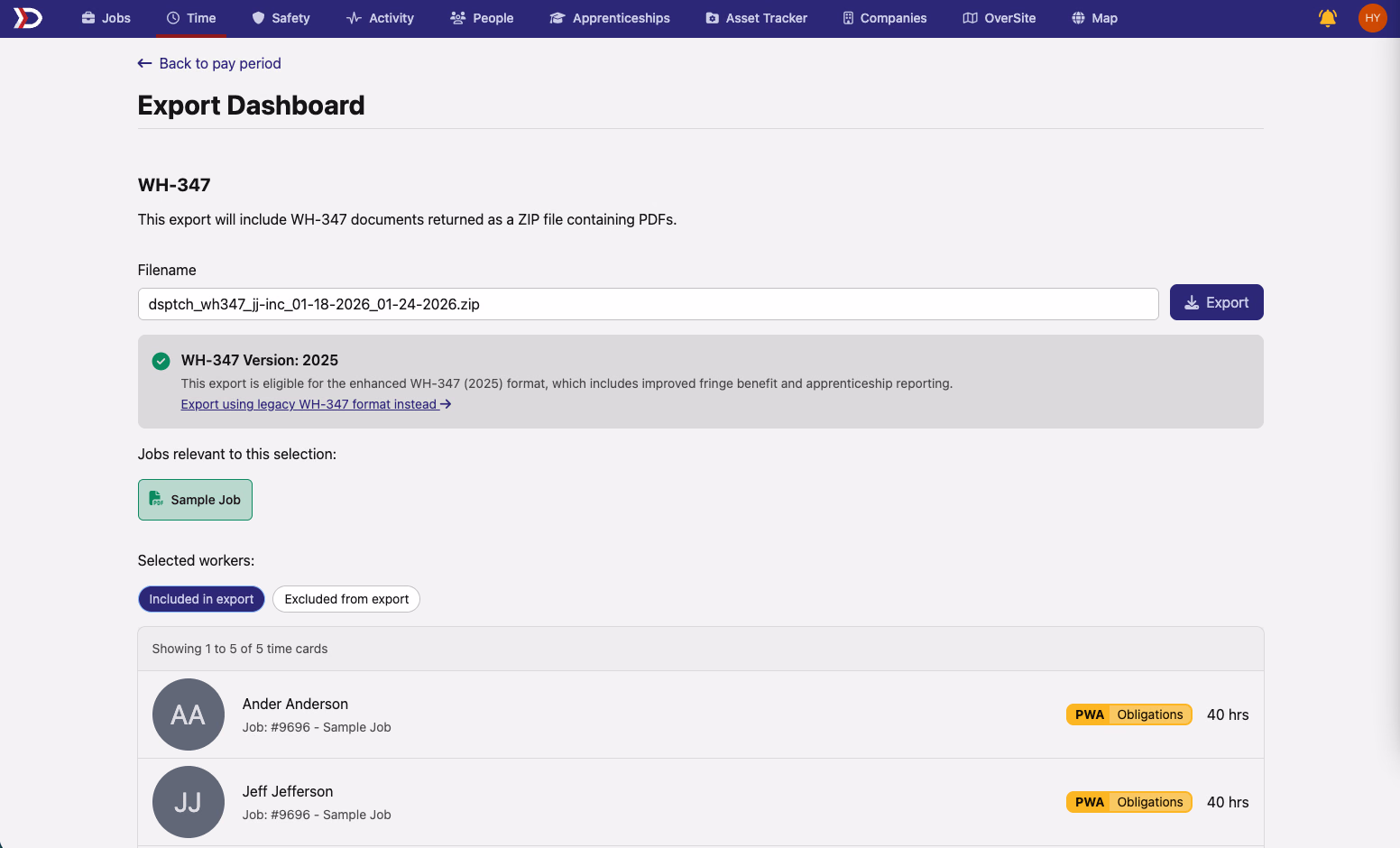 Export Dashboard page for a single pay period showing included workers and export options