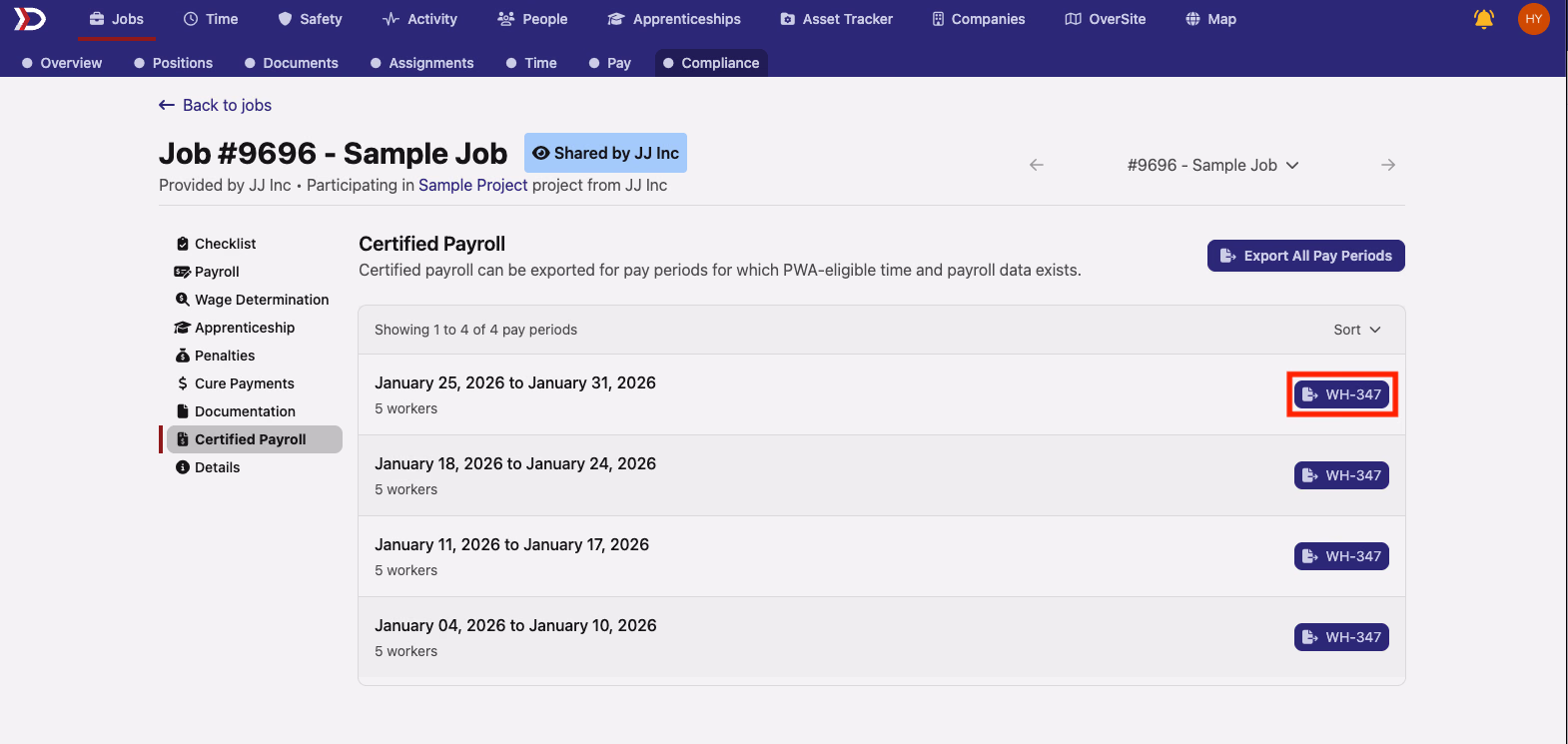 Certified Payroll list with the WH-347 button highlighted next to a single pay period