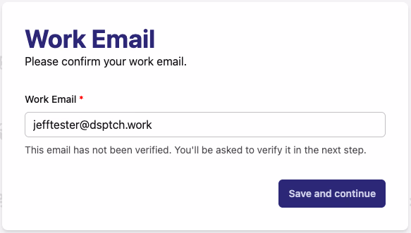 Work Email confirmation page with the work email pre-filled
