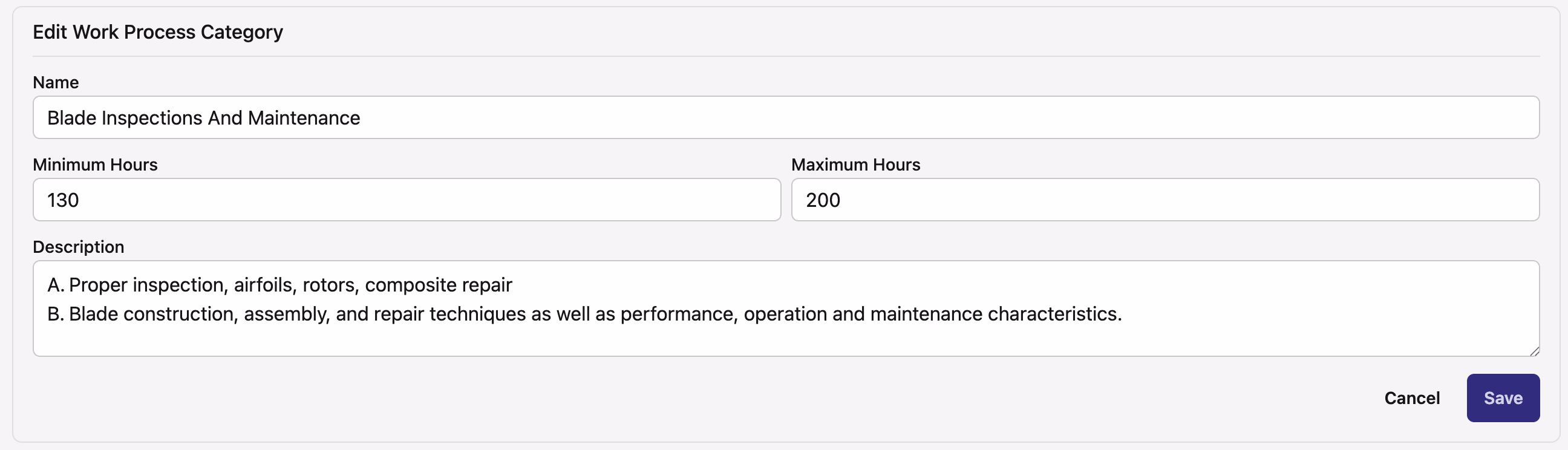 Edit Work Process Category form pre-filled with name, hours range, and description