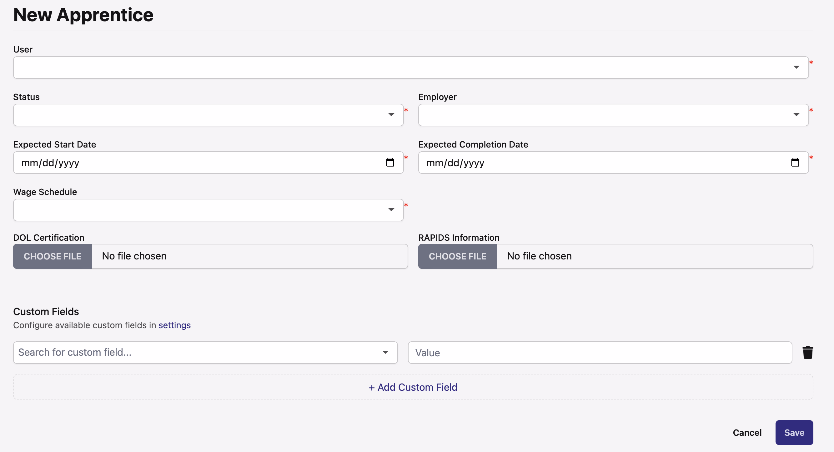 New Apprentice form with user, status, employer, dates, wage schedule, and custom fields