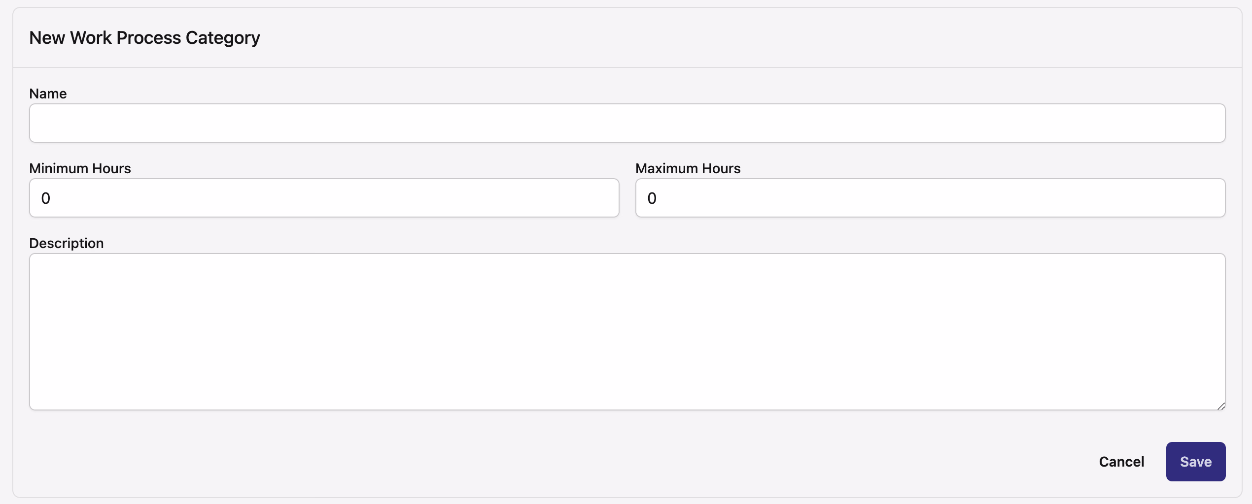 New Work Process Category form with name, min hours, max hours, and description
