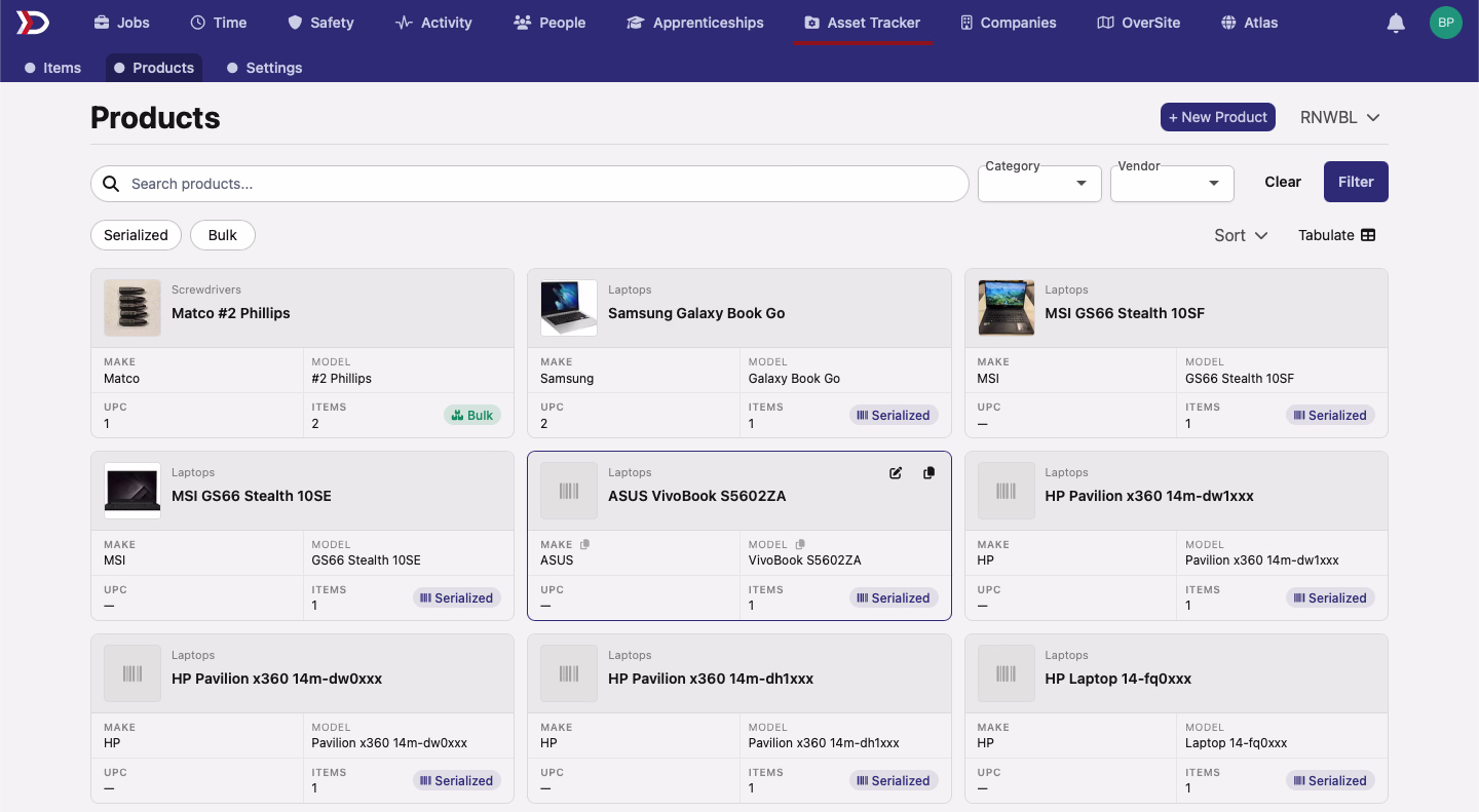 Asset Tracker Products page showing laptops and tools as filterable cards with make, model, UPC, item count, and serialization badges