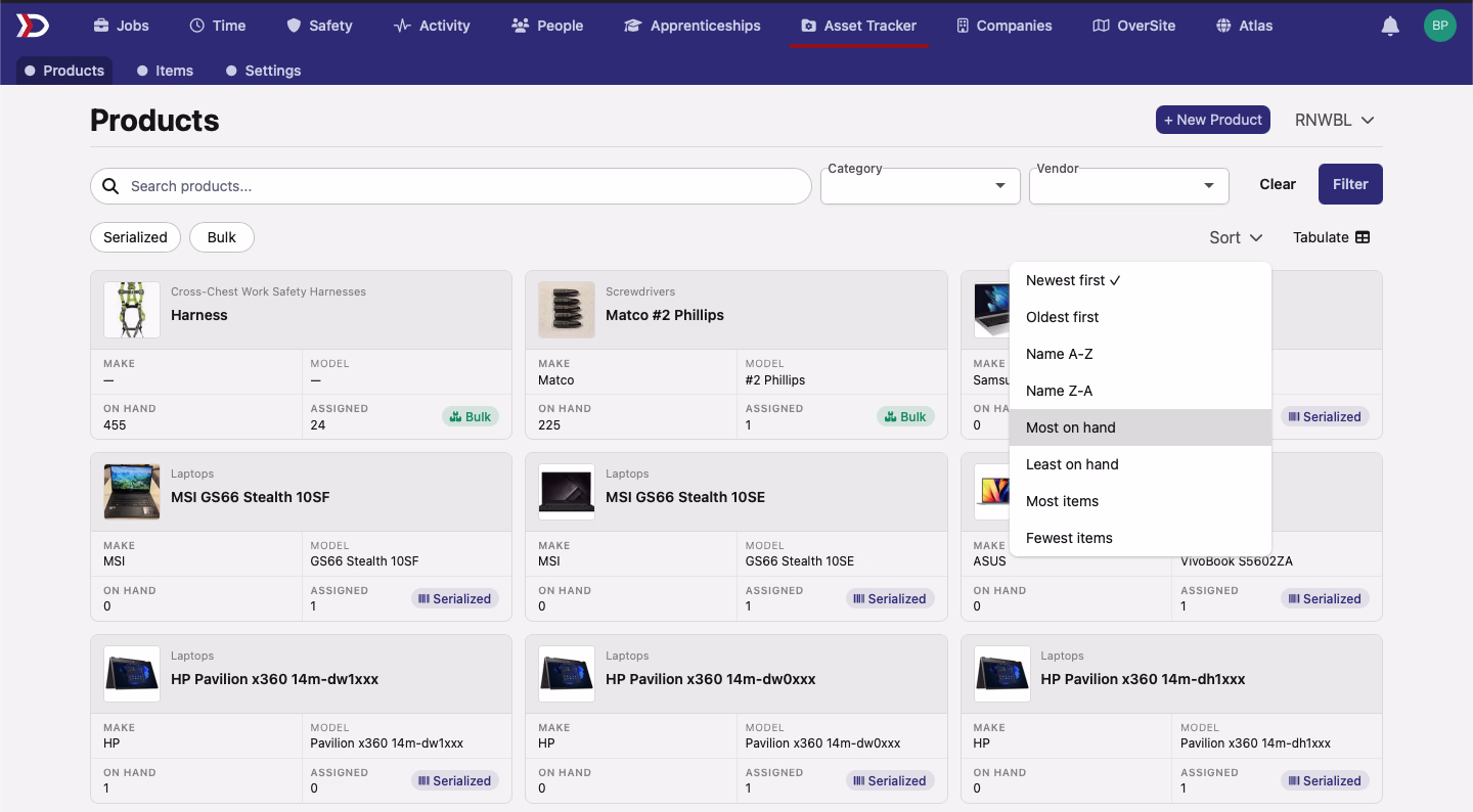 Asset Tracker Products page with On Hand and Assigned cells on each card and the sort dropdown open showing Most on hand and Least on hand options