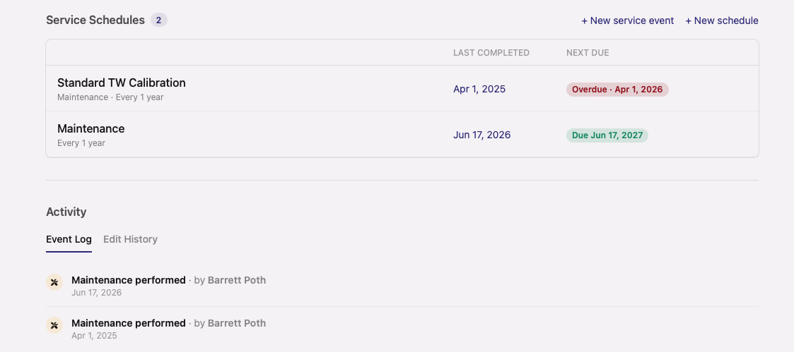An asset item's Service Schedules section showing maintenance and calibration with last-completed and next-due dates, above the Event Log of logged service events