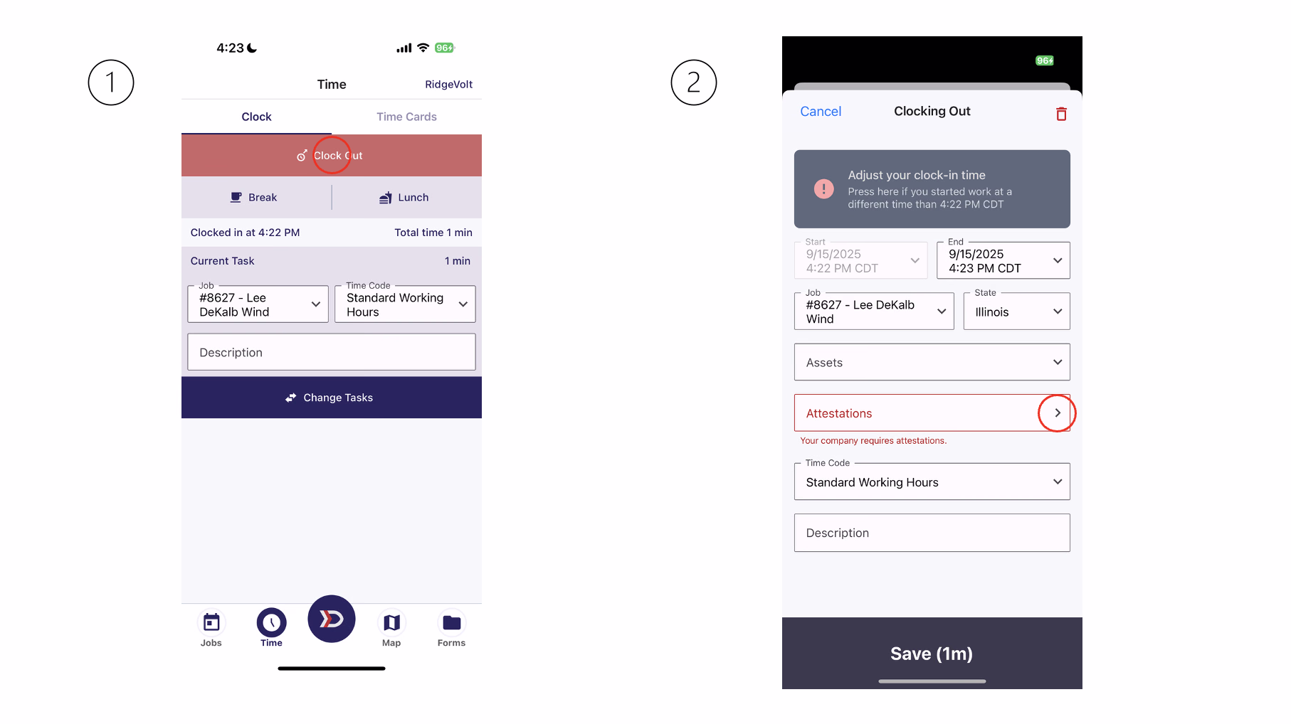 Side-by-side screens showing Clock Out button and the Clocking Out form with the Attestations field