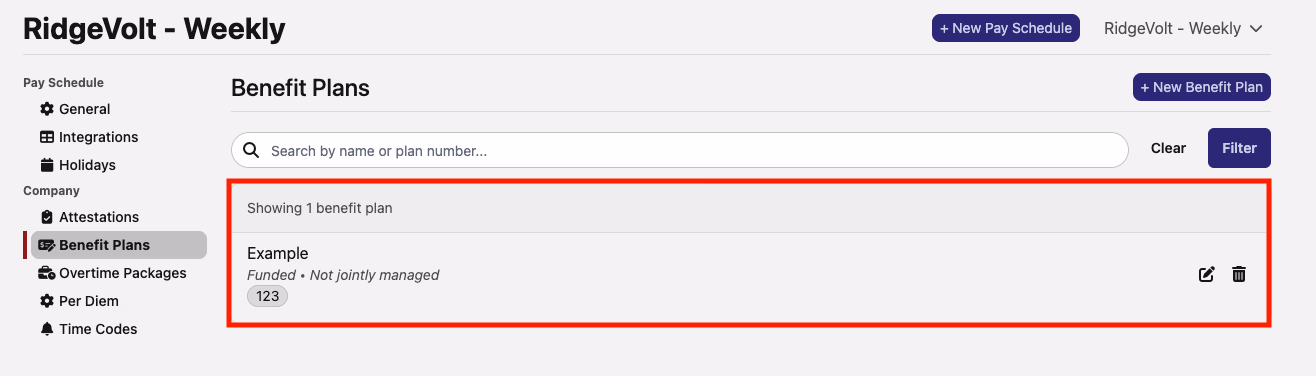 Benefit Plans page showing a newly created benefit plan highlighted in the list