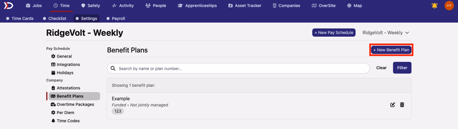 Benefit Plans page with the New Benefit Plan button highlighted in the top right