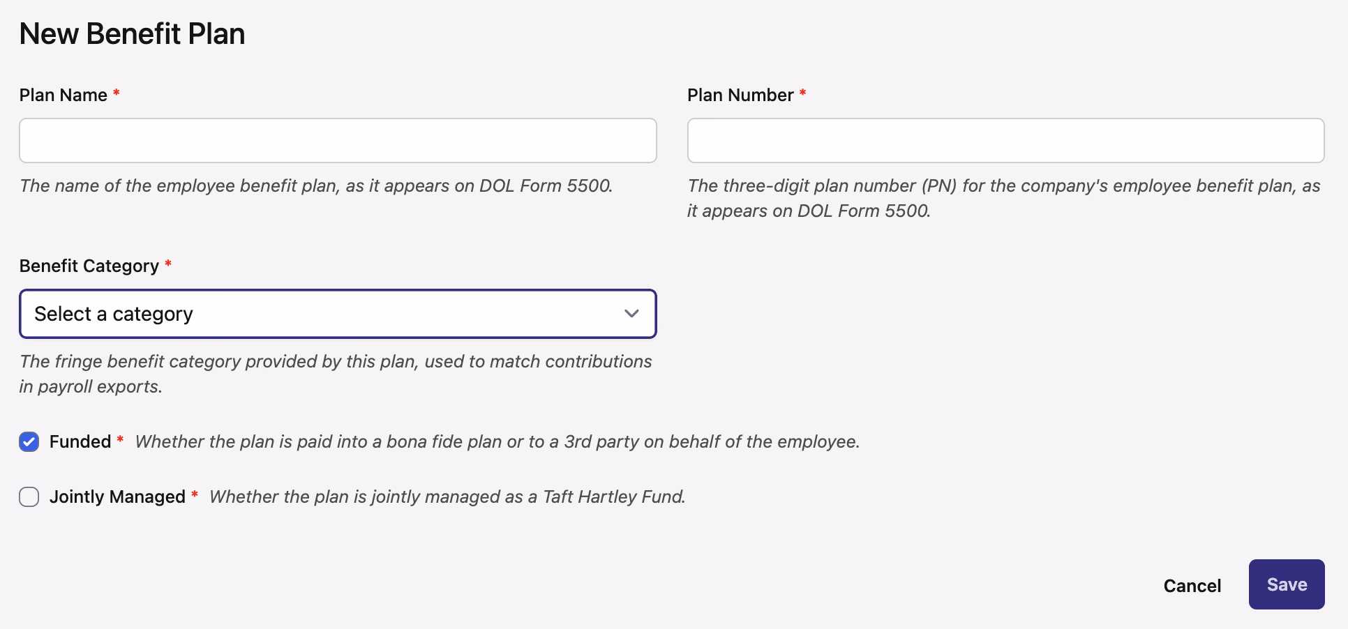 New Benefit Plan form showing plan name, plan number, benefit category, funded, and jointly managed fields