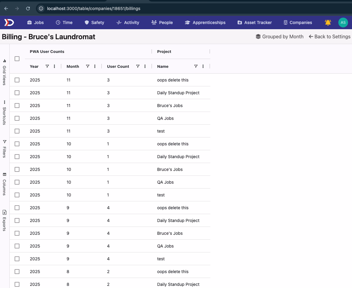 Company Billing Grid