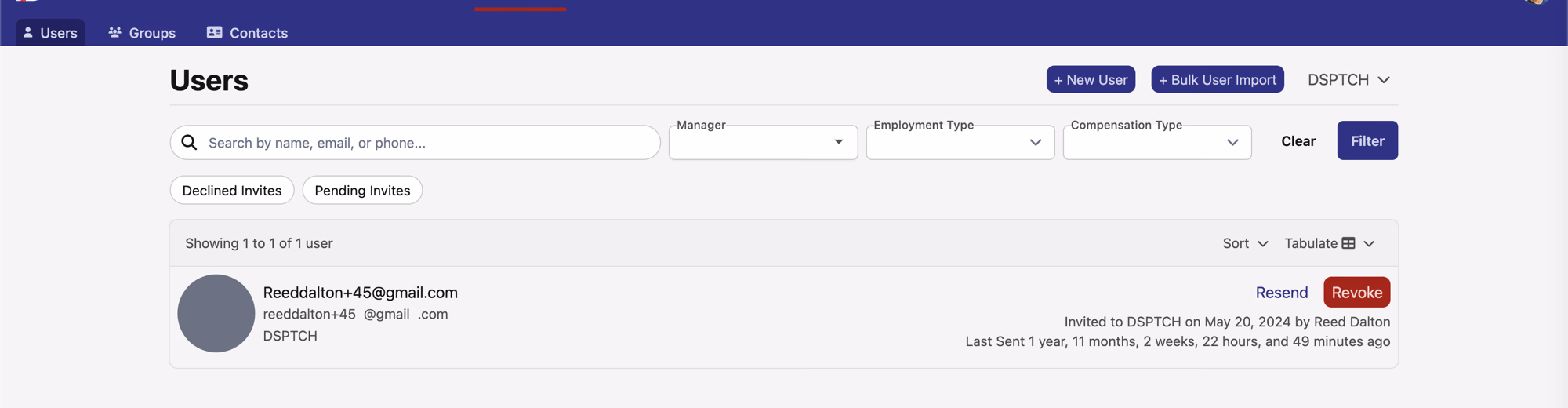 Users page in the People area, with a new + Bulk User Import button next to the existing + New User button
