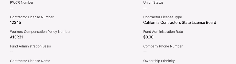 Company PWA Details view showing the new Contractor License, Workers Compensation Policy, and Fund Administration fields populated with sample values